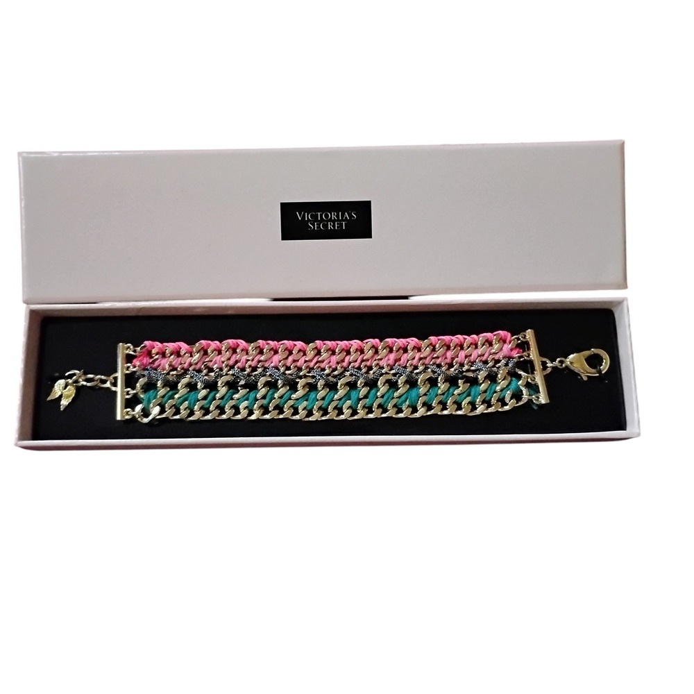 Victorias Secret Gold Multi Strand Woven Chain Bracelet Pink Teal Wing Charm